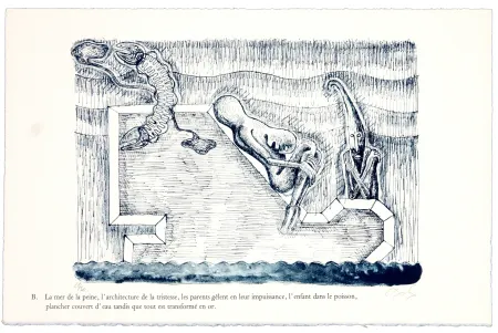 Lithografie Nørgaard - B. La mer de la peine, l'architecture de la tristesse, les parents gêlent en leur impuissance, l'enfant dans le poisson, plancher couvert d'eau tandis que tout est transformé en or 