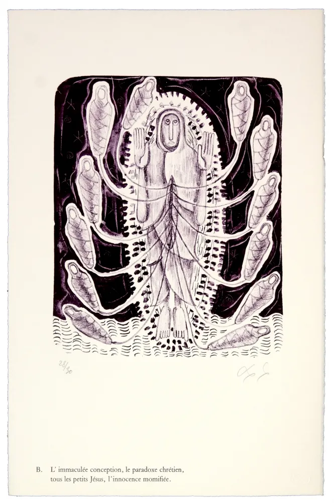 Lithografie Nørgaard - B. L'immaculée conception, la paradoxe chrétien, tous les petits Jésus, l'innocence momifiée