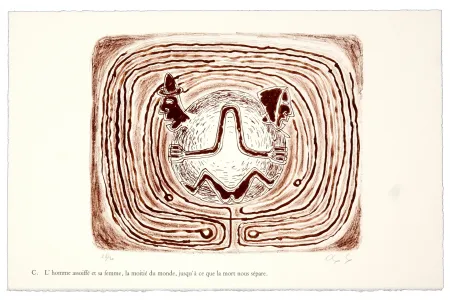 Lithografie Nørgaard - C. L'homme assoiffé et sa femme, la moitié du monde, jusqu'à ce que la mort nous sépare.