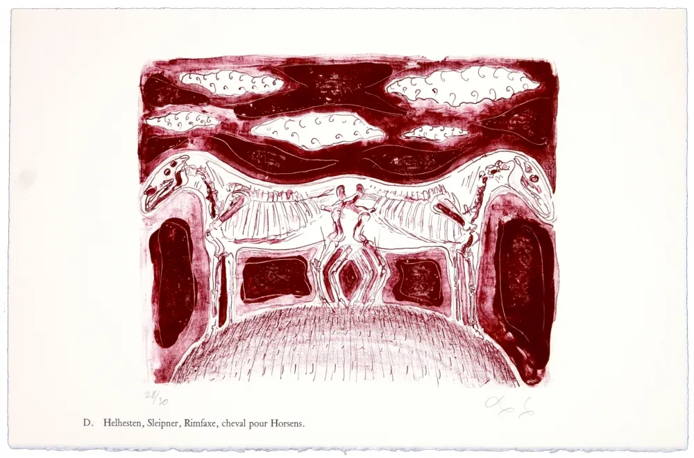 Lithografie Nørgaard - D. Helhesten, Sleipner, Rimfaxe, cheval pour Horsens