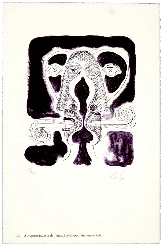 Lithografie Nørgaard - E. Autoportrait, tête de Janus, la schizophrénie universelle.
