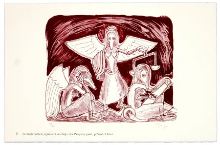 Lithografie Nørgaard - E. Les trois normes (équivalent nordique des Parques), le passé, le présent et futur