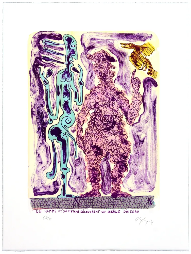 Lithografie Nørgaard - Un homme et sa femme découvrent un drôle d’oiseau