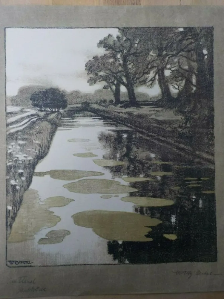 Lithografie Oertel - Am Kanal / Kanal in Schleissheim