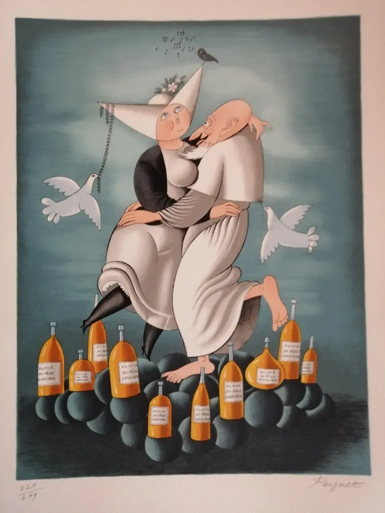 Lithografie Peynet - L'élixir du Révérend Pére Gaucher