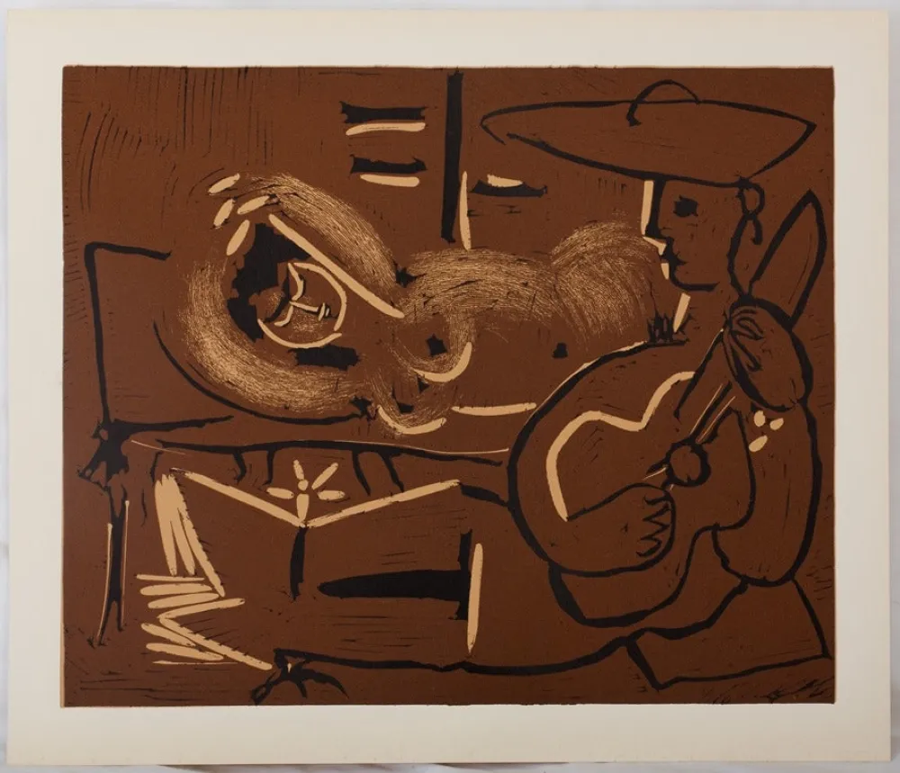 Linosnede Picasso - Femme couchée et guitariste au chapeau