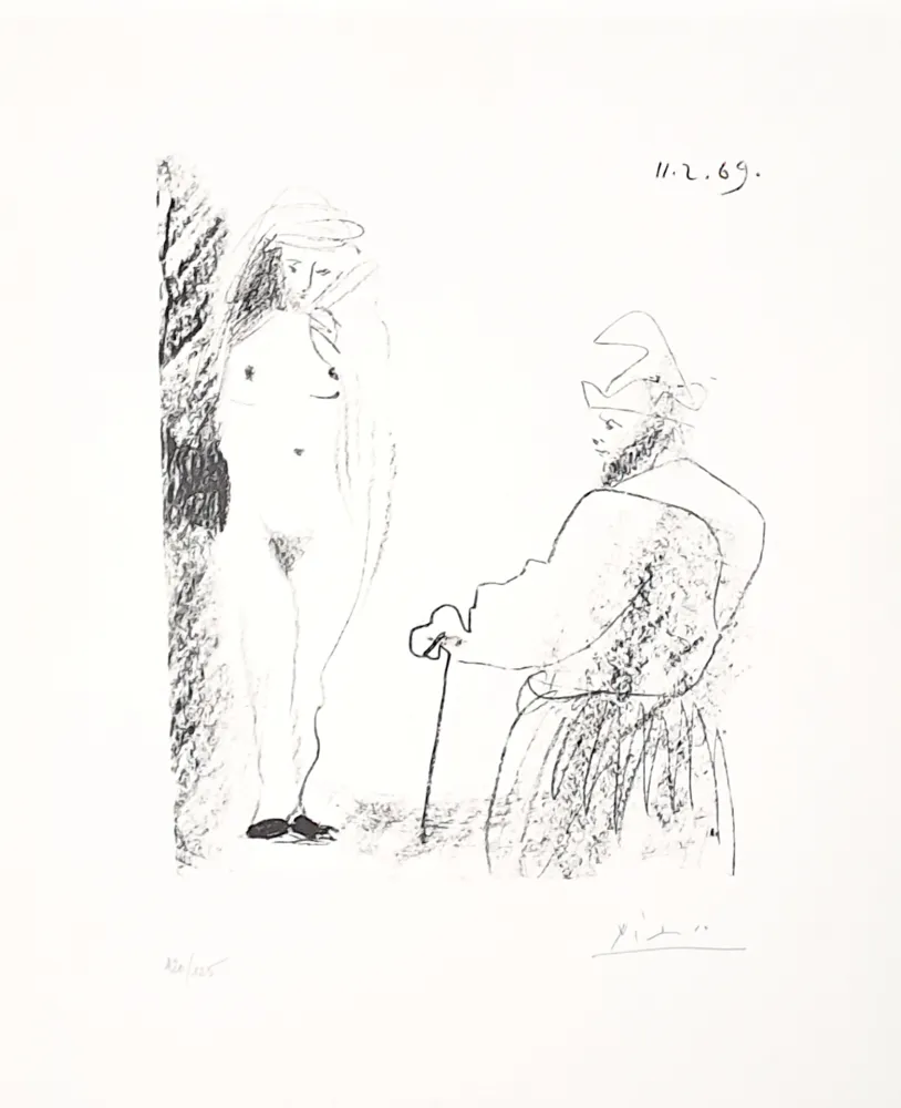 Lithografie Picasso - Femme nue et homme à la canne