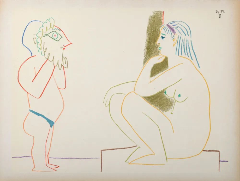 Lithografie Picasso - Masked & Model, 1954