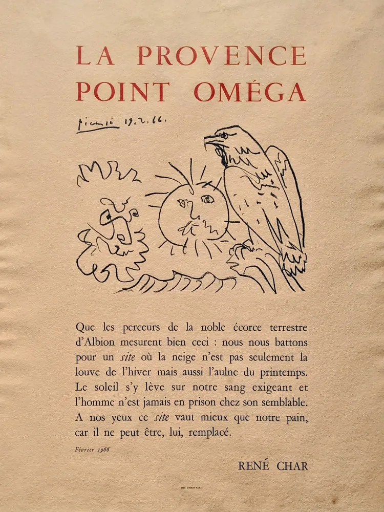 Lithografie Picasso - Pablo PICASSO (1881-1973), La Provence point Oméga, Lithograph, 1966