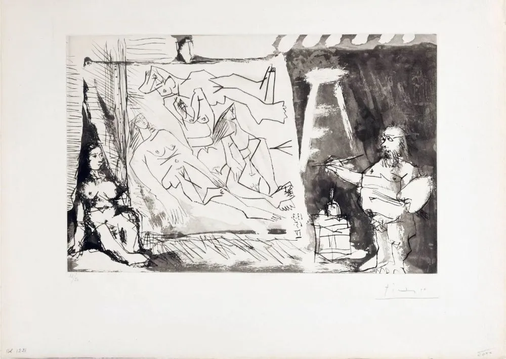 Ets En Aquatint Picasso - Peintre et sa toile avec modèle assis