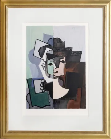 Lithografie Picasso - Portrait de Face sur Fond Rose et Vert