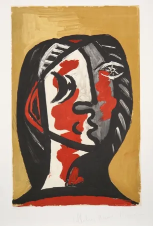 Lithografie Picasso - Tete de Femme en Gris et Rouge sur Fond Ochre