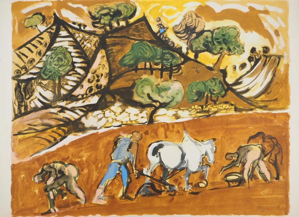 Lithografie Pignon - Le labour à cheval