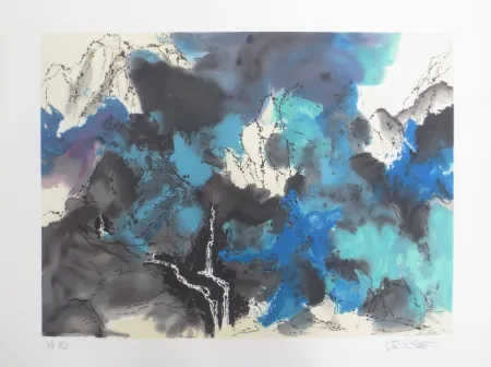 Lithografie Po Chung - Mountain and stream in mist