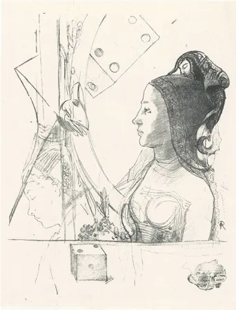 Lithografie Redon - Femme de profil, coiffée d'un hénin