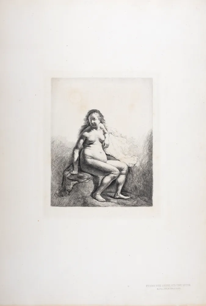 Heliogravure Rembrandt - Femme nue assise sur une butte
