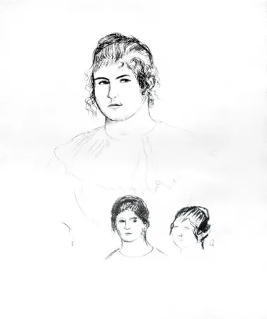 Lithografie Renoir - Jeune fille en buste et etudes de têtes (ou Gabrielle) [Three Sketches of Faces, Gabrielle]
