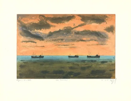 Ets En Aquatint Rigal J.j.j. - Thonniers au large de Rosas