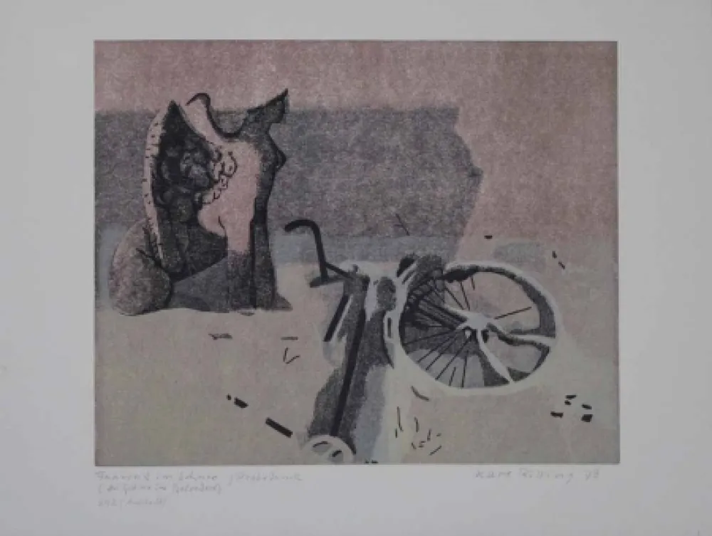 Linosnede Rössing - Fahrrad im Schnee (Der Sphinx im Belvedere)