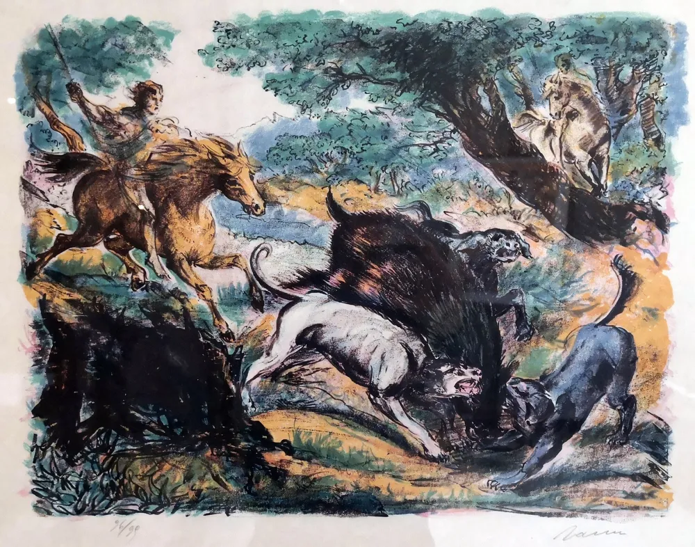 Lithografie Sassu - Caccia al cinghiale