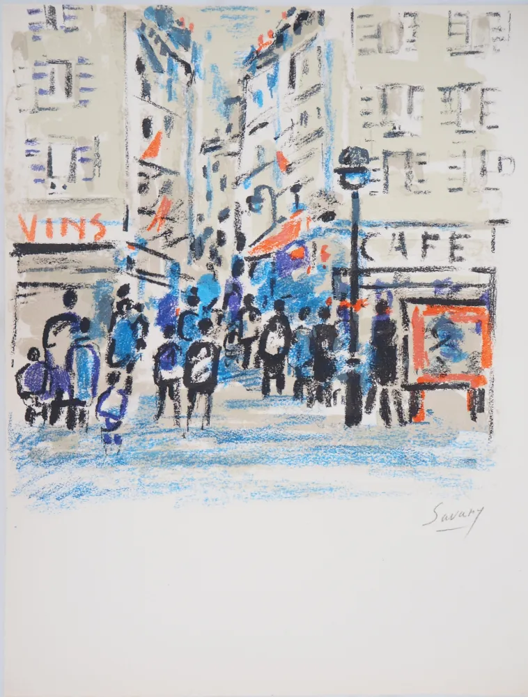 Lithografie Savary - Rue animée dans le Marais