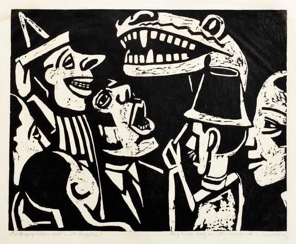 Houtsnede Scheele - Leute vergnügen sich mit Puppen (People having fun with puppets)