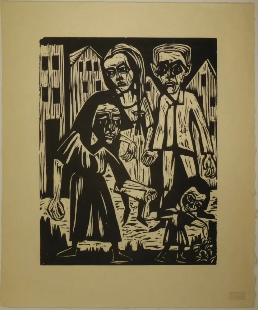 Houtsnede Scherer - Vier Figuren vor Häusern