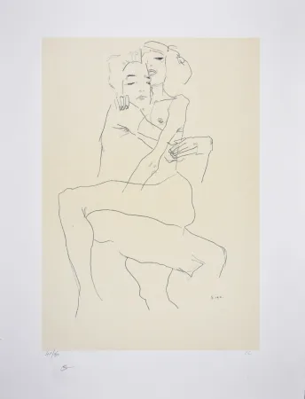 Lithografie Schiele - Couple enlacé / couple embracing - 1911