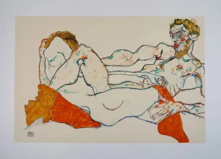 Lithografie Schiele - LE DRAP ROUGE / THE RED SHEET - 1913