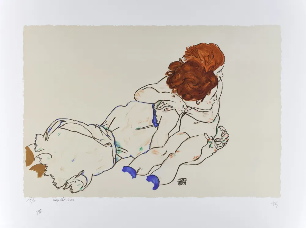 Lithografie Schiele - L'envol / The flight, 1917 (Mutter mit kind / Mother and child)