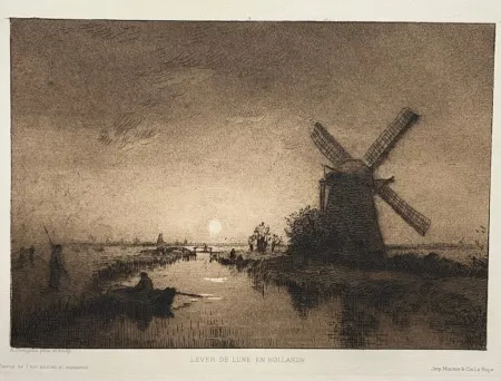 Ets En Aquatint Stengelin - Lever de Lune en Hollande