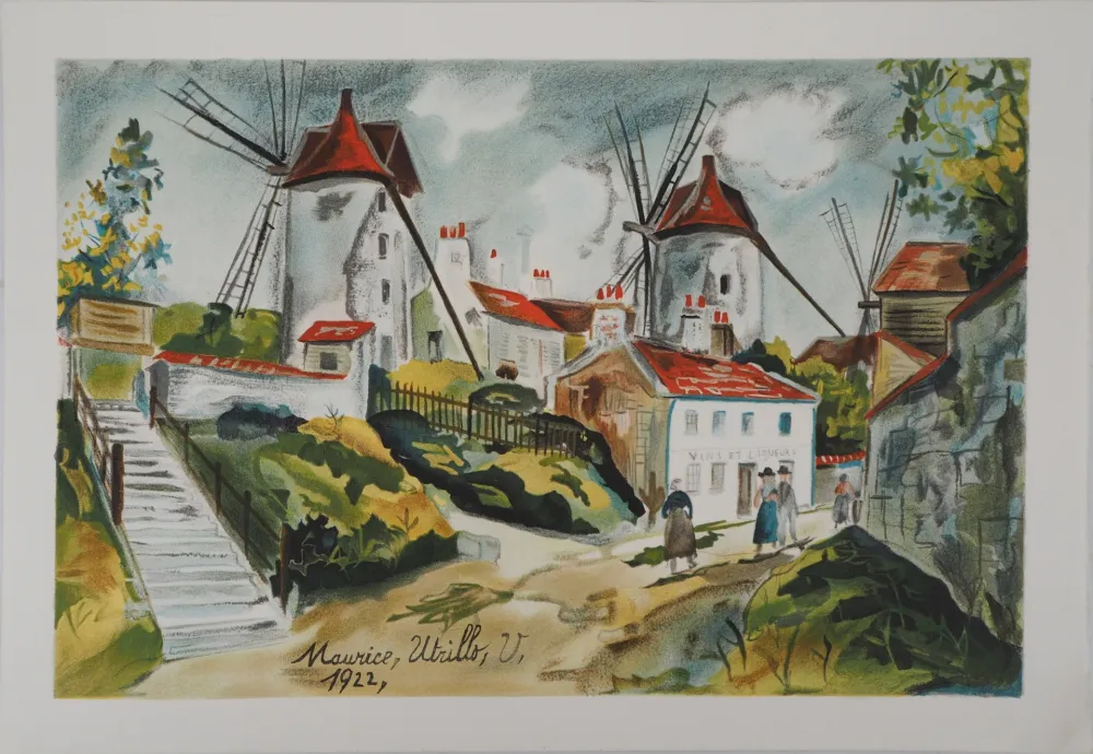 Lithografie Utrillo - Les trois moulins à Montmartre