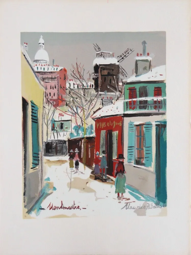 Lithografie Utrillo - Montmartre : le Moulin de la Galette et le Sacré Coeur sous la neige