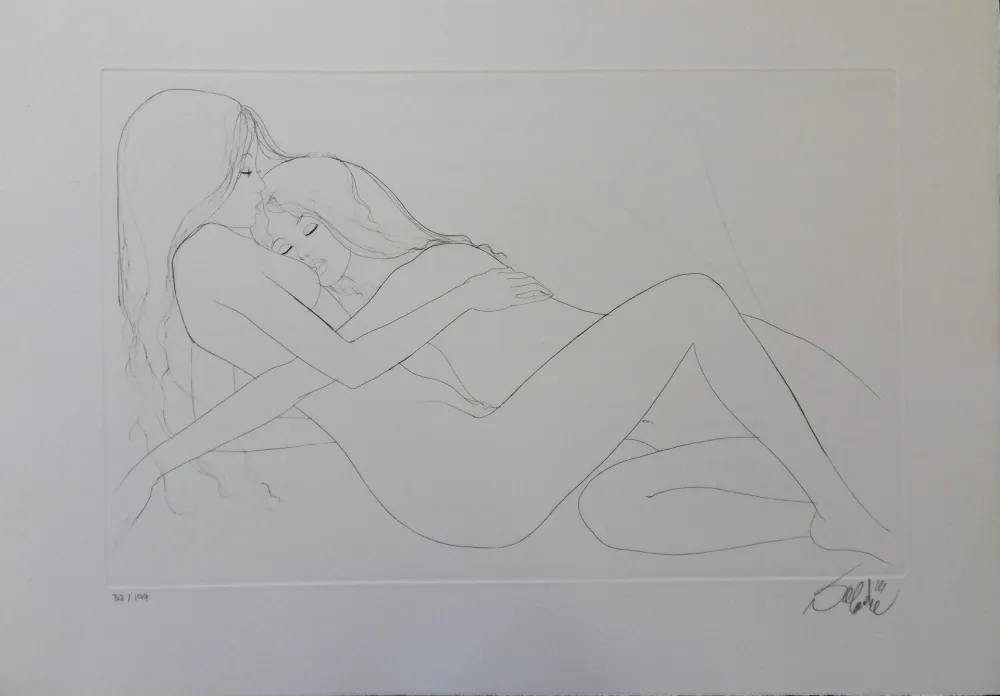 Gravure Valadie - Endormies l'une contre l'autre