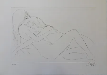 Gravure Valadie - Endormies l'une contre l'autre