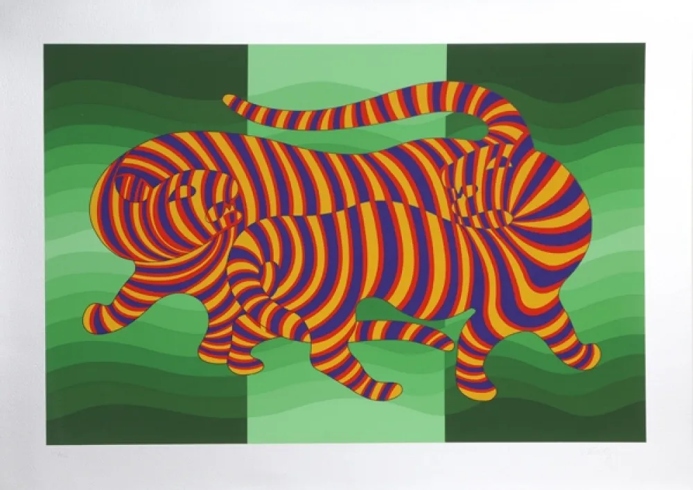 Zeefdruk Vasarely - Two Tigers on Green