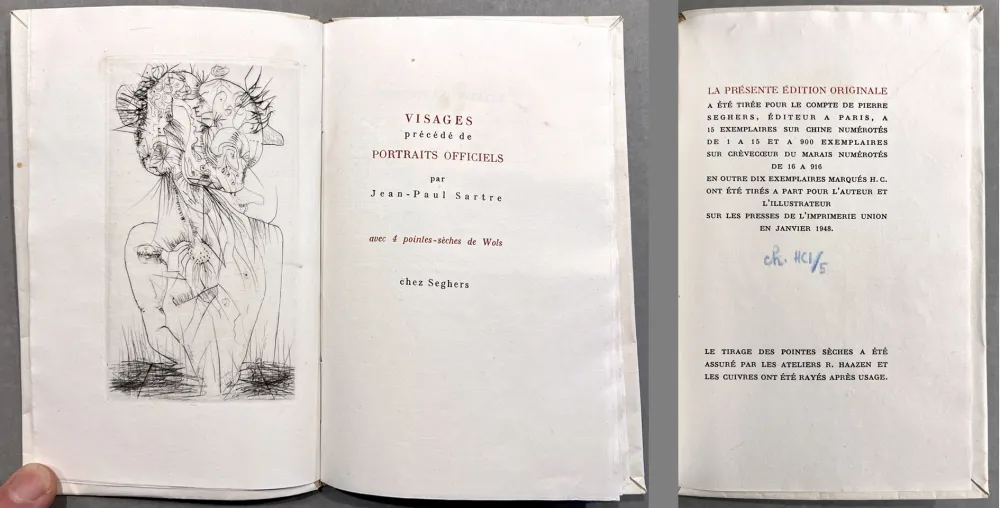 Geïllustreerd Boek Wols - Sartre. VISAGES. 4 pointes-sèches de Wols. 1 des 15 ex. sur Chine (1948)