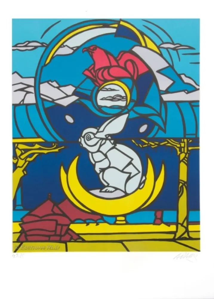 Lithografie Adami - Le lapin, l'aigle et la lune