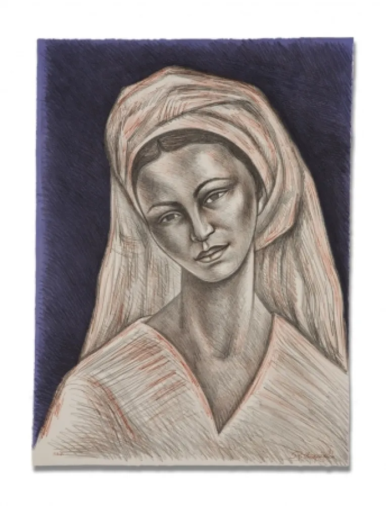 Lithografie Anguiano - Mujer con rebozo blanco