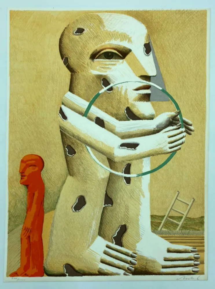 Lithografie Antes - Gefleckte Figur mit Reif, kleiner Figur und Leiter