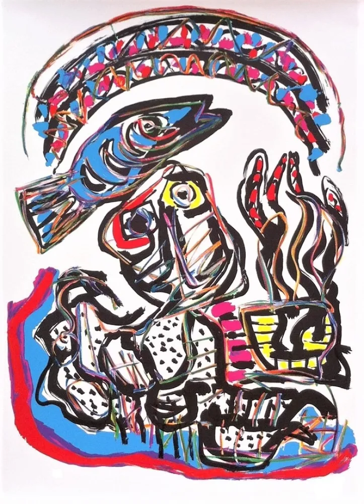 Lithografie Appel - Composition avec Poisson et Tête