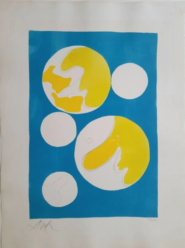 Lithografie Arp - Cinq lunes sur fond bleu 
