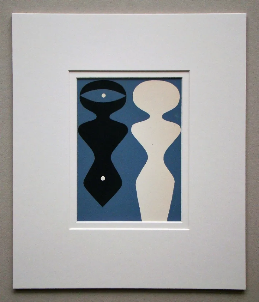 Houtsnede Arp - Deux figures sur fond bleu