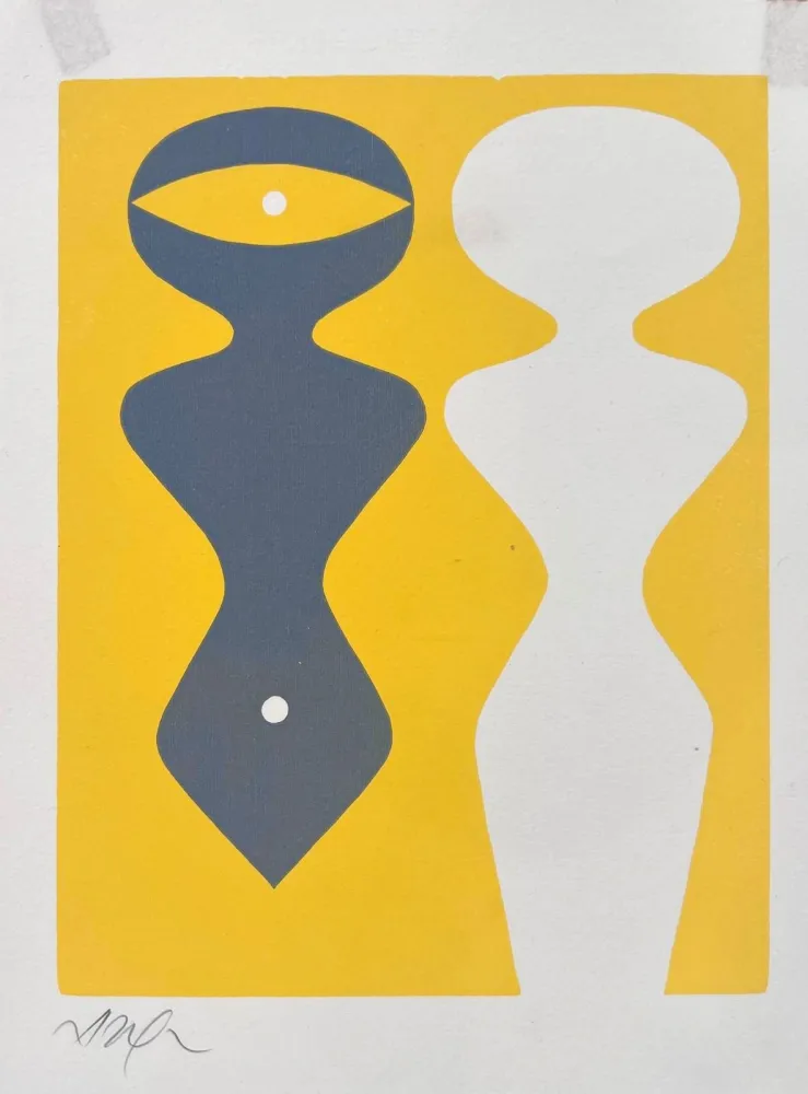 Houtsnede Arp - Deux figures sur fond jaune 