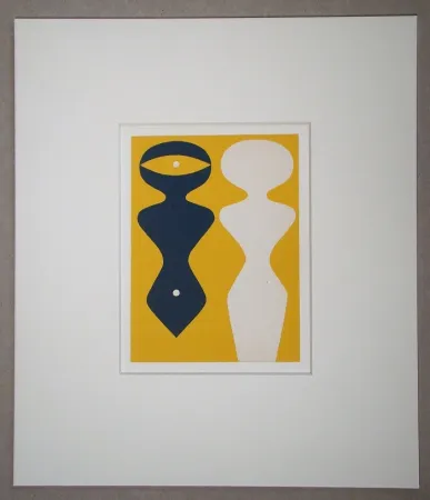 Houtsnede Arp - Deux figures sur fond jaune