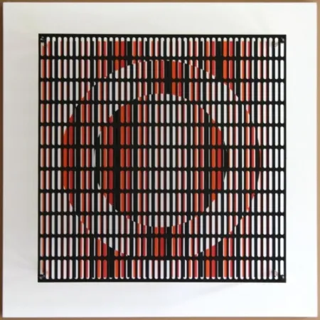 Houtsnede Asis - Vibration cercles noir, orange et rouge