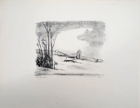 Lithografie Asselin - Paysage : campagne parisienne enneigée