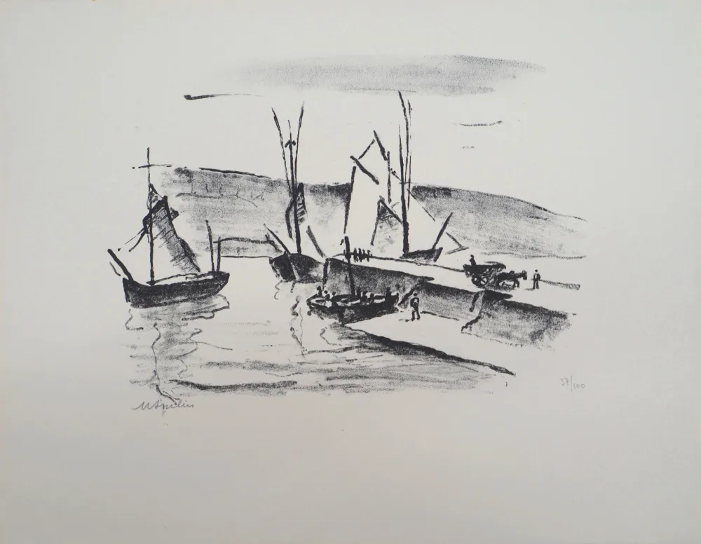 Lithografie Asselin - Paysage du Finistère : la jetée à Concarneau