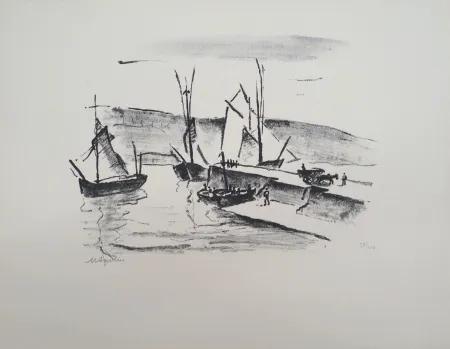 Lithografie Asselin - Paysage du Finistère : la jetée à Concarneau