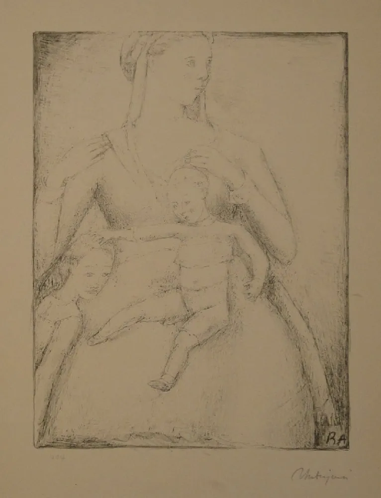 Lithografie Auberjonois - Mutter mit Kindern / Femme et deux enfants